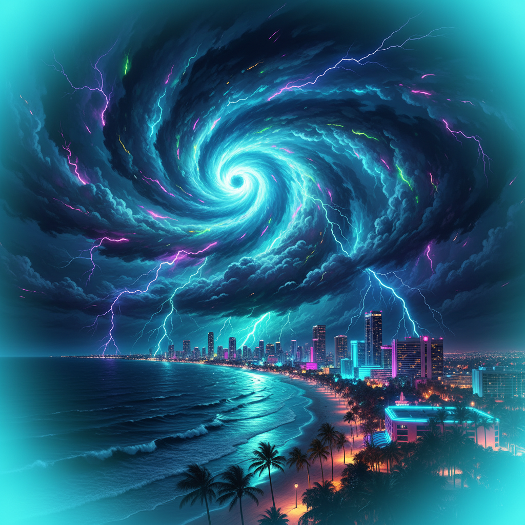 Live storm radar footage: a swirling hurricane over the neon Leonida coast